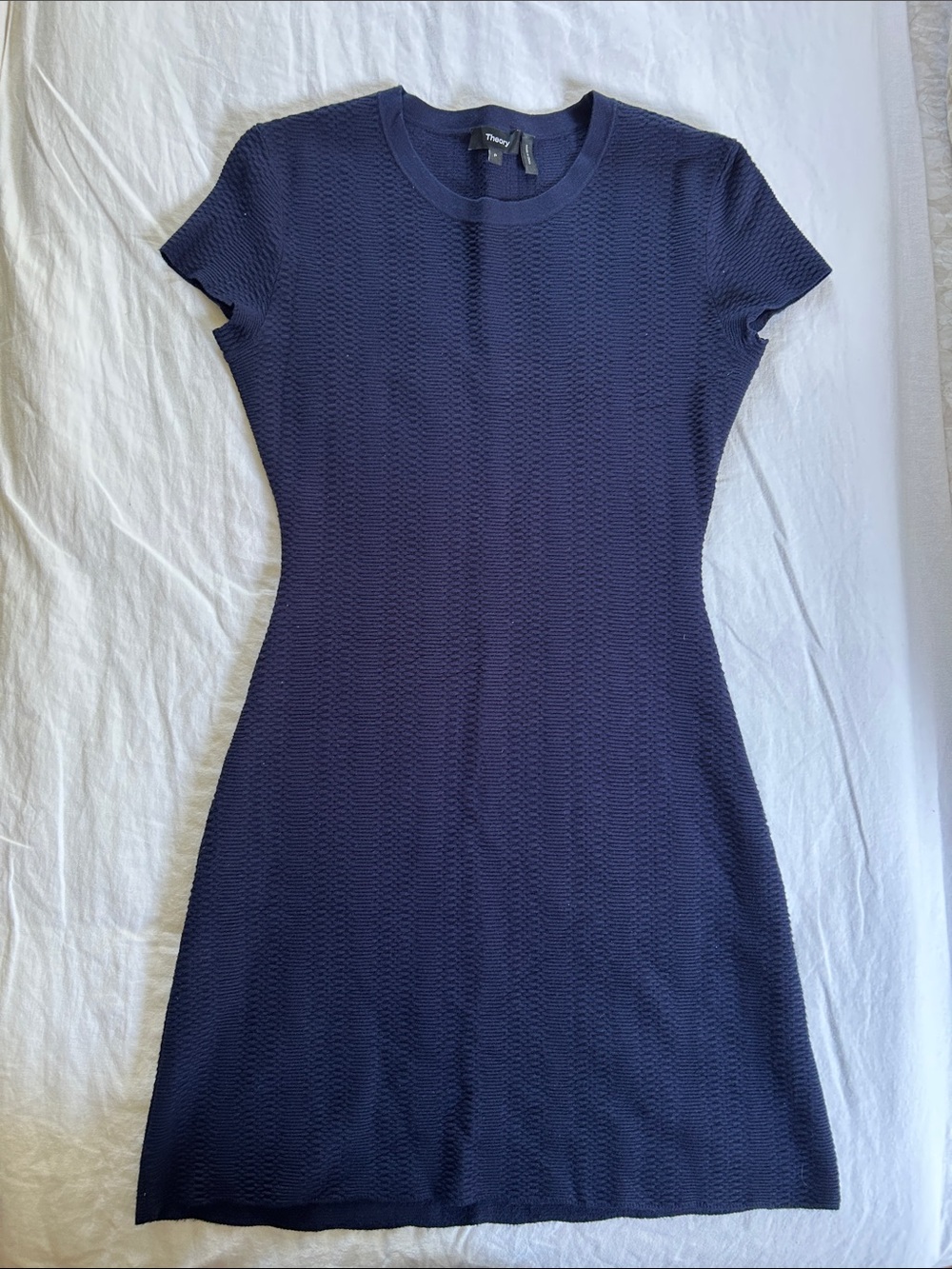 Theory Navy Textured Short Sleeve Knit Mini Dress